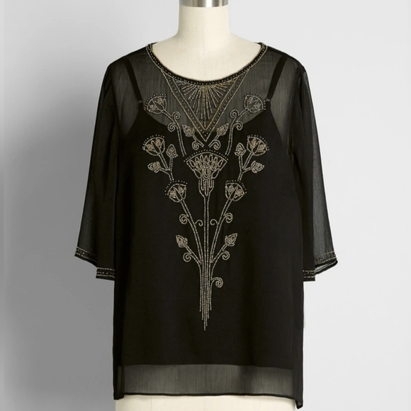 Modcloth Tops - 🎉 SALE 🎉NWT Modcloth Black Sheer Blouse with Gold Bead Embroidery